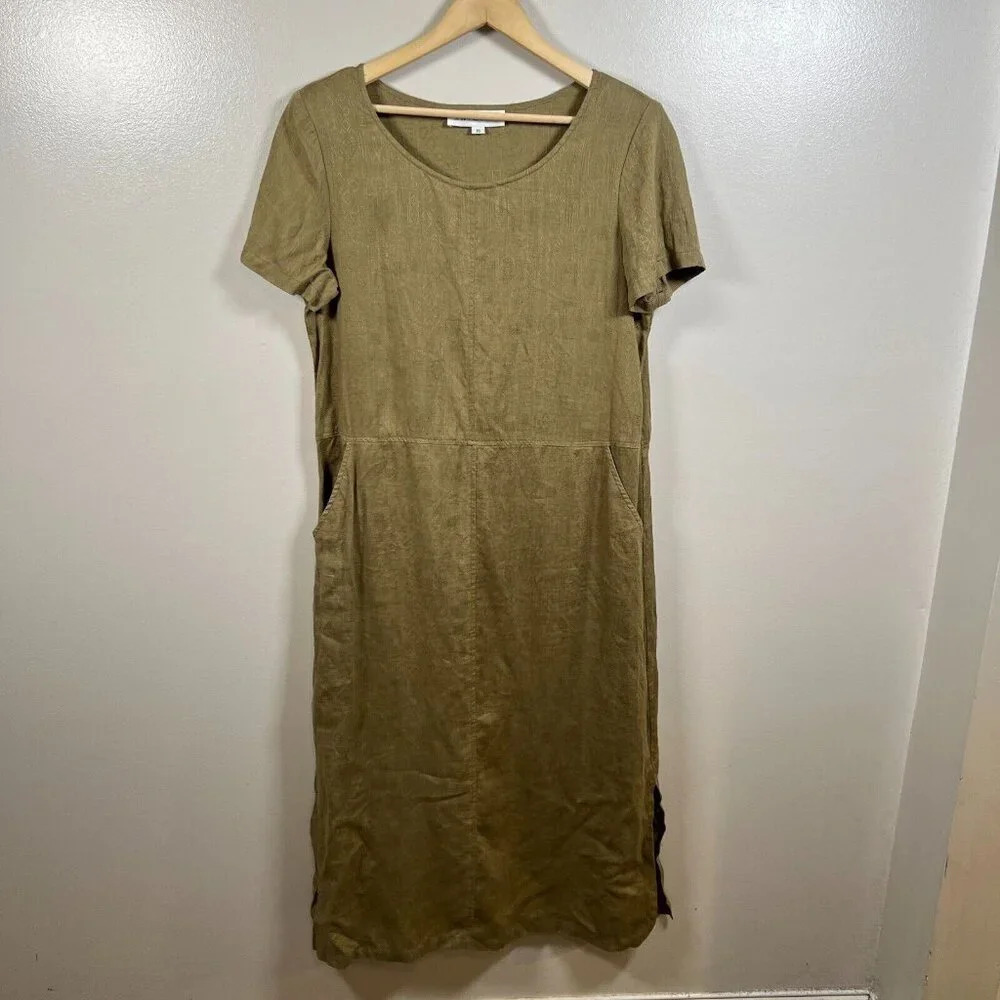 Sara Campbell Linen Maxi Dress Size 16 Green Lagenlook Minimal Short Sleeve